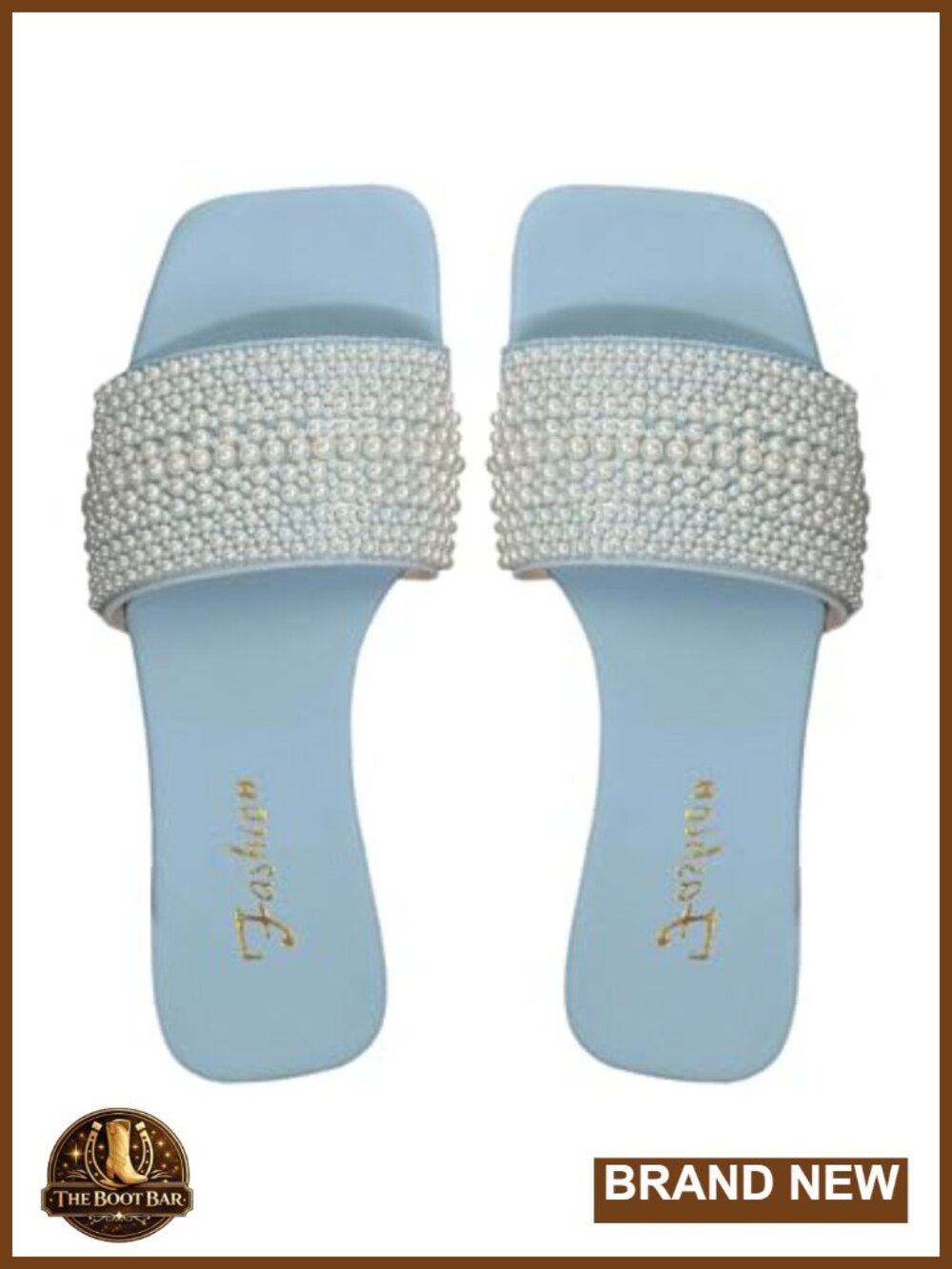 Single Strap Square Toe Pearl Decor Slide Sandals Flat